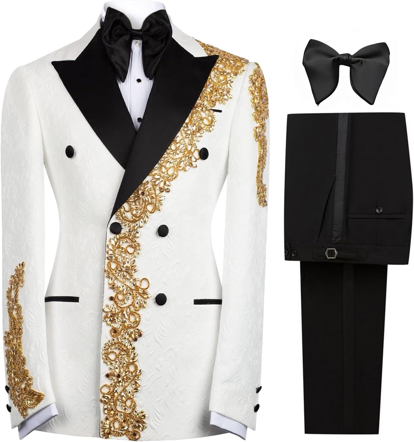 3 Pieces Men's Luxury Tuxedo Suit Gold Rhinestone Blazer Slim Jakcet Pants Formal Set for Wedding,Prom,Party,Dinner