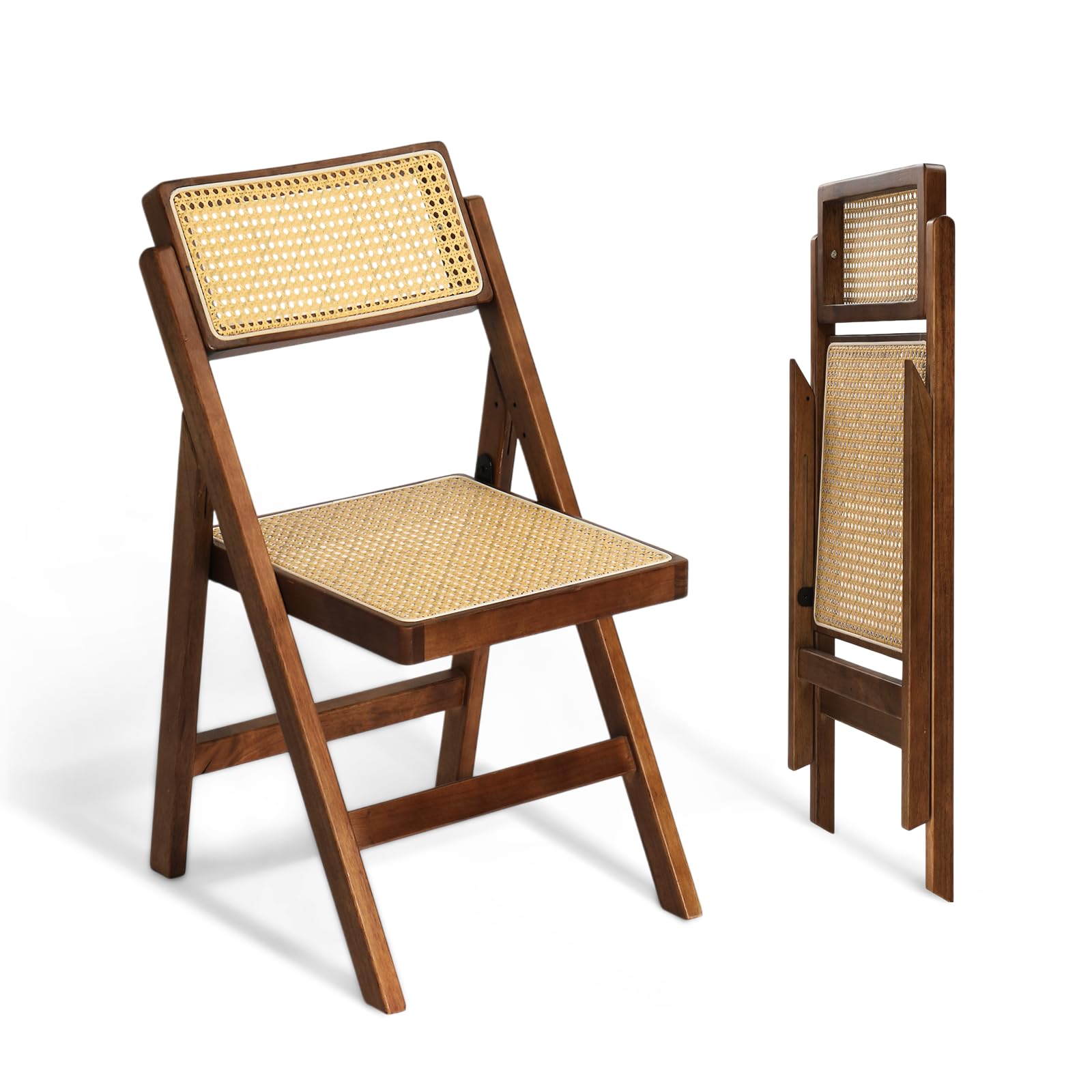 VINGLI Rattan Dining Chair, Wood Folding Chair with 360° Swivel Backrest, Rubberwood Frame and Rattan Woven Seat and Back, Walnut, Set of 2
