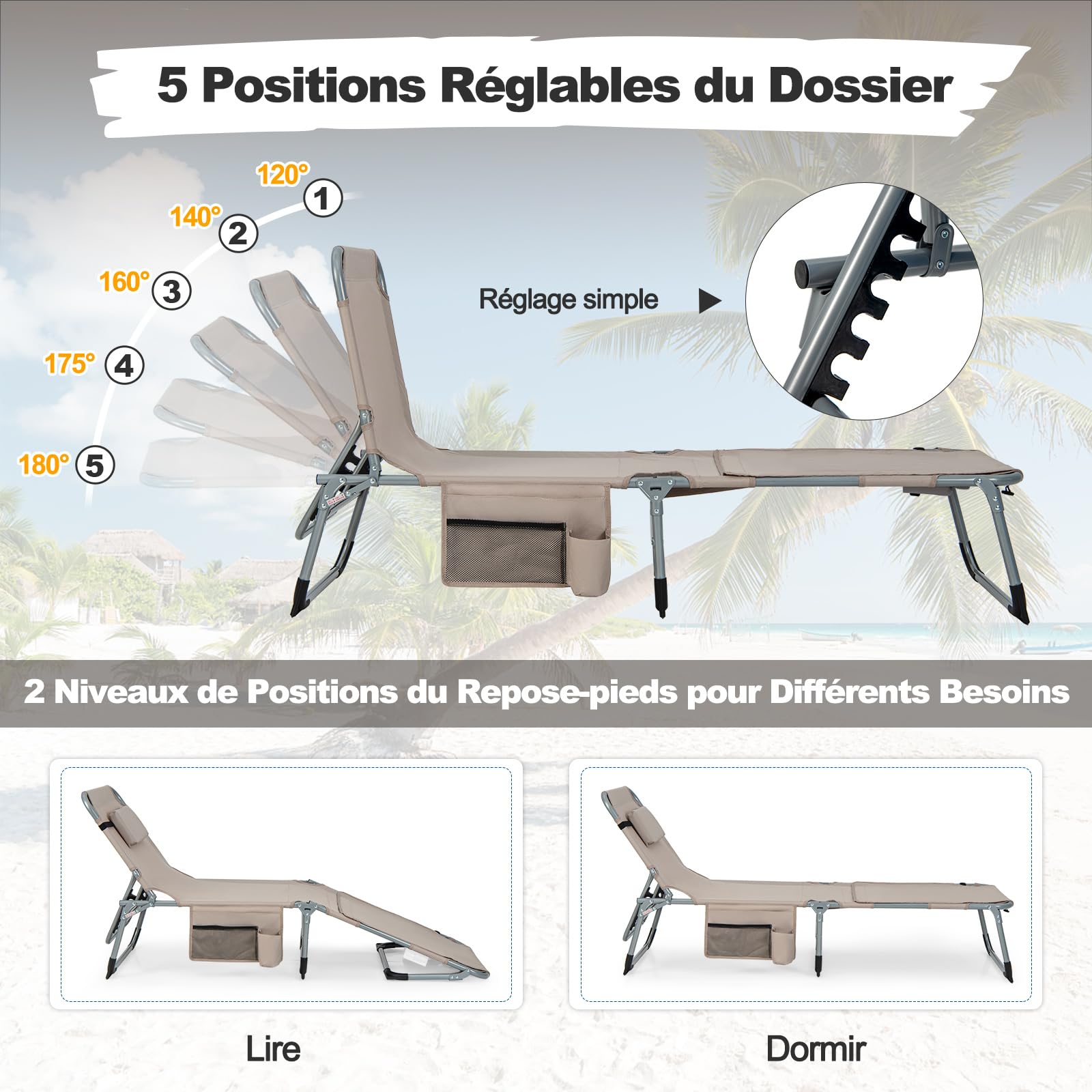 GIANTEX Chaise Longue Jardin Exterieur Pliante, Trous pour Visage et Bra, Transat Jardin Exterieur, Oreiller, Poche Latérale, Bandoulière, Poignée, Dossier Réglable à 5 Positions, pour Piscine, Sable