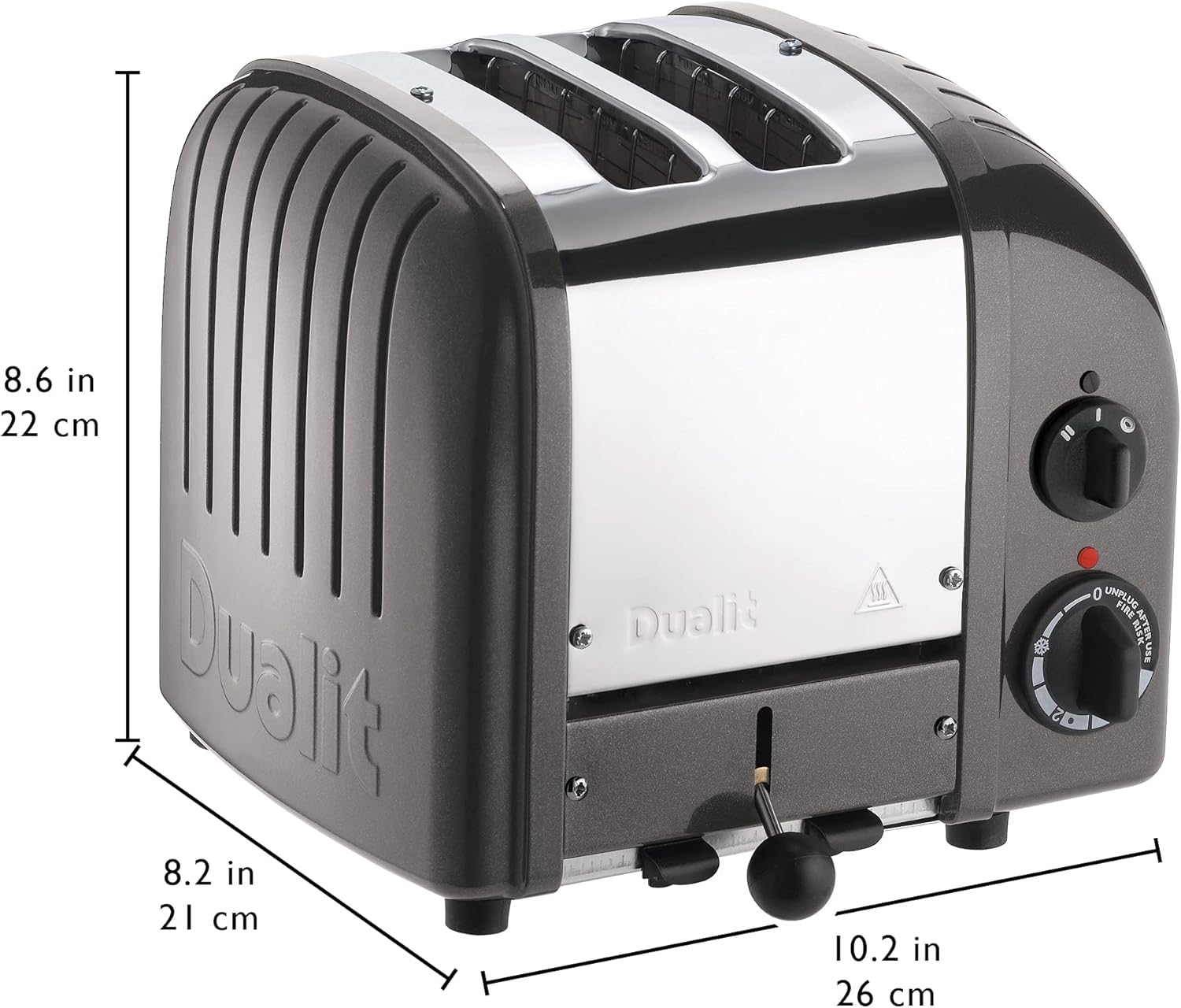 Dualit toaster with dimensions labeled: 8.6 inches deep, 10.2 inches wide, 8.2 inches high