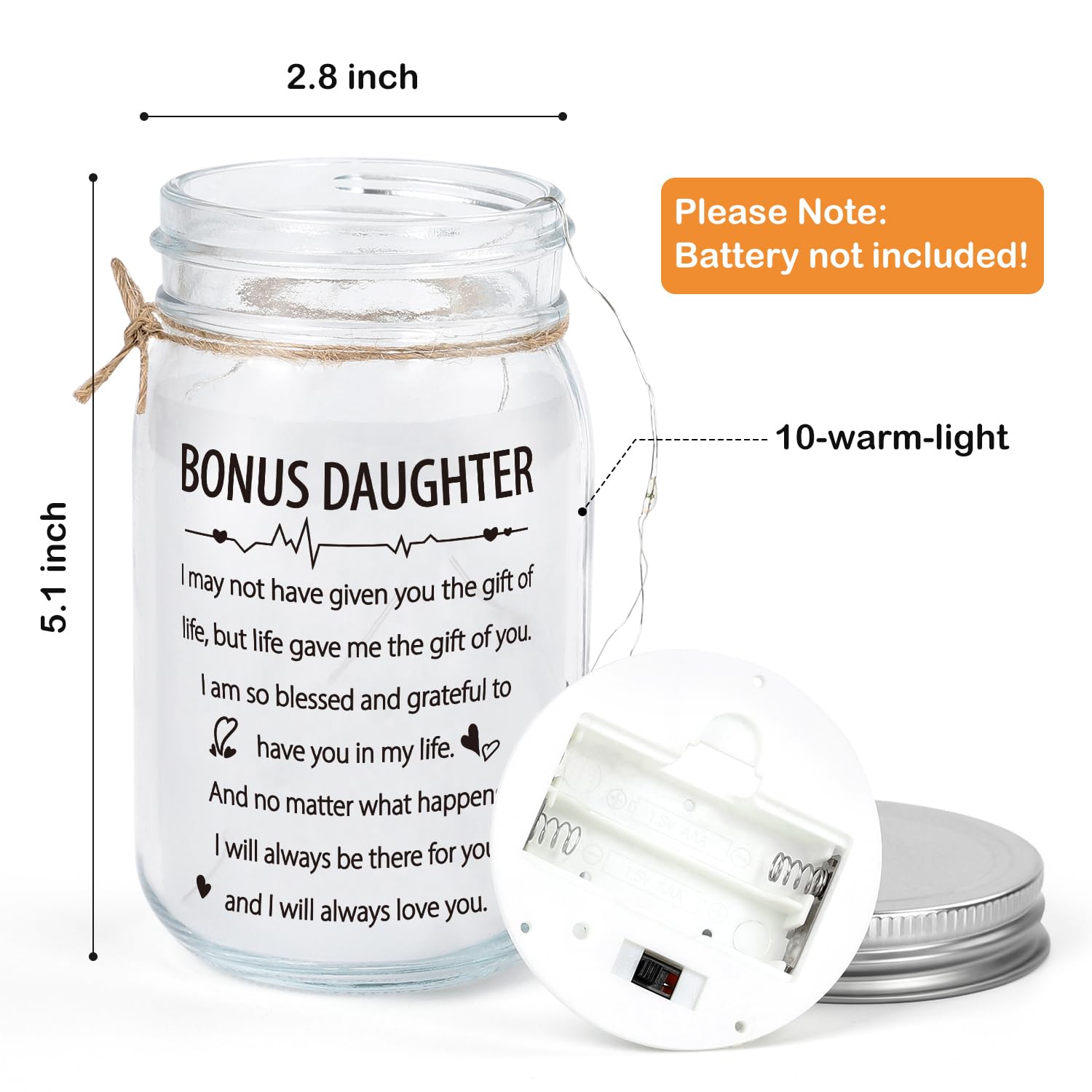 Bonus Daughter Mason Jar Night Light, Bonus Daughter Birthday Gifts from Stepmom, Step Daughter Gifts, Gifts for Daughter in Law