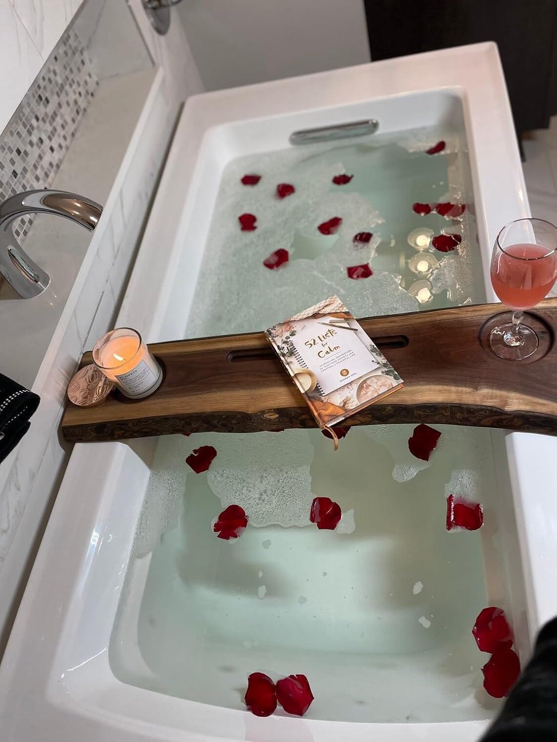 RESINHOMEFURNITURE Acacia Wood Bathtub Tray Caddy with Book & Wine Holder – Expandable Luxury Bath Shelf, Spa Tray for Tub, Bathroom Accessories & Gifts (30 x 15 Inches)