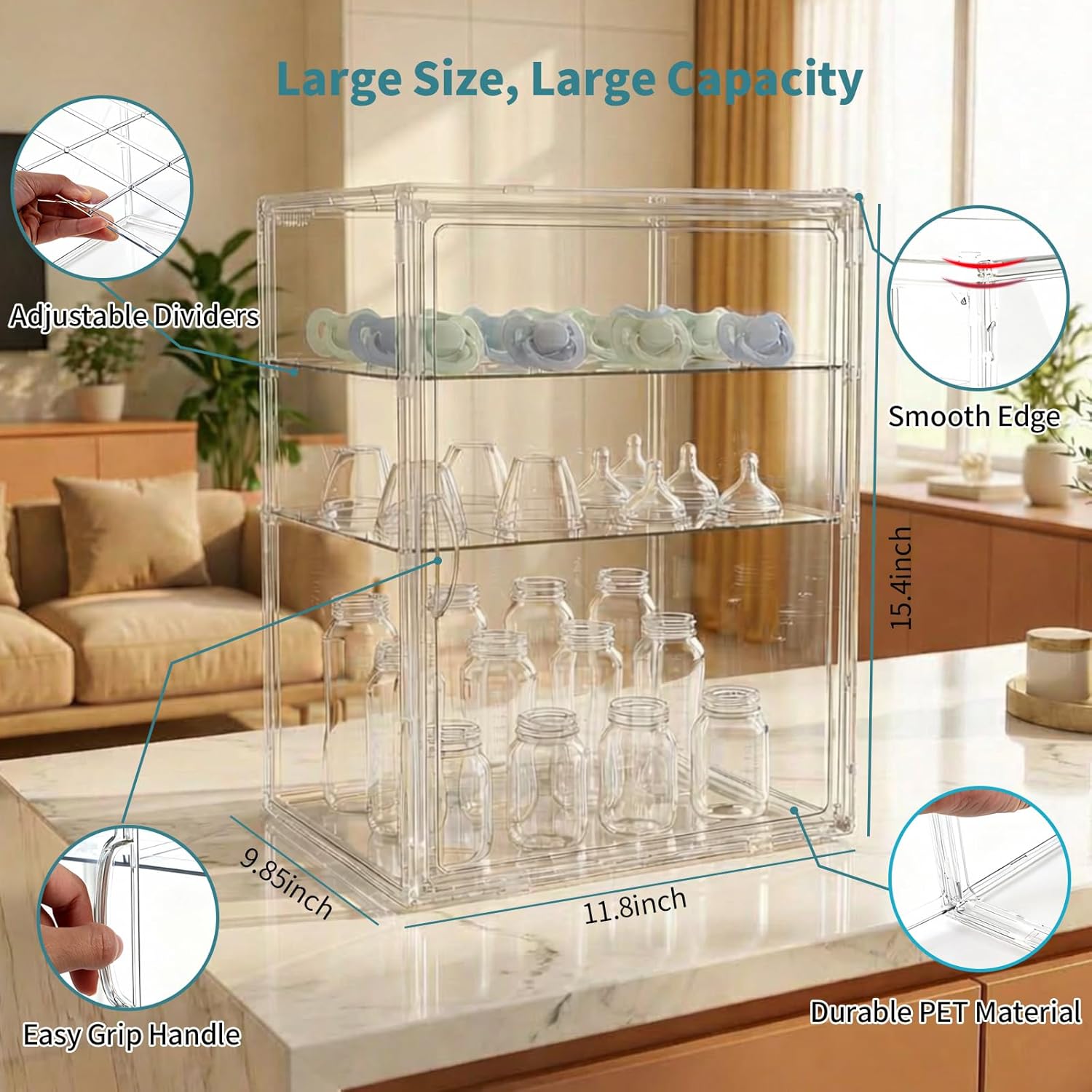 XLARGE Baby Bottle Organizer, UPGRADED Bottle Storage Organizer Baby for Countertop Cabinet, Removable Baby Organizer with Magnetic Door, Bottle Station Organizer for Nipples, Pump Parts, THICKENED