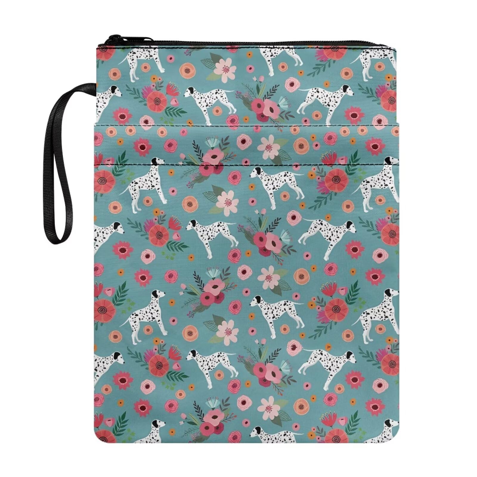 NETILGEN Book Sleeves for Paperback Zippered Book Covers Reusable Book Protective Cover Book Sox Textbook Jackets Washable Pouch, Dalmatian Dog Floral — image 1