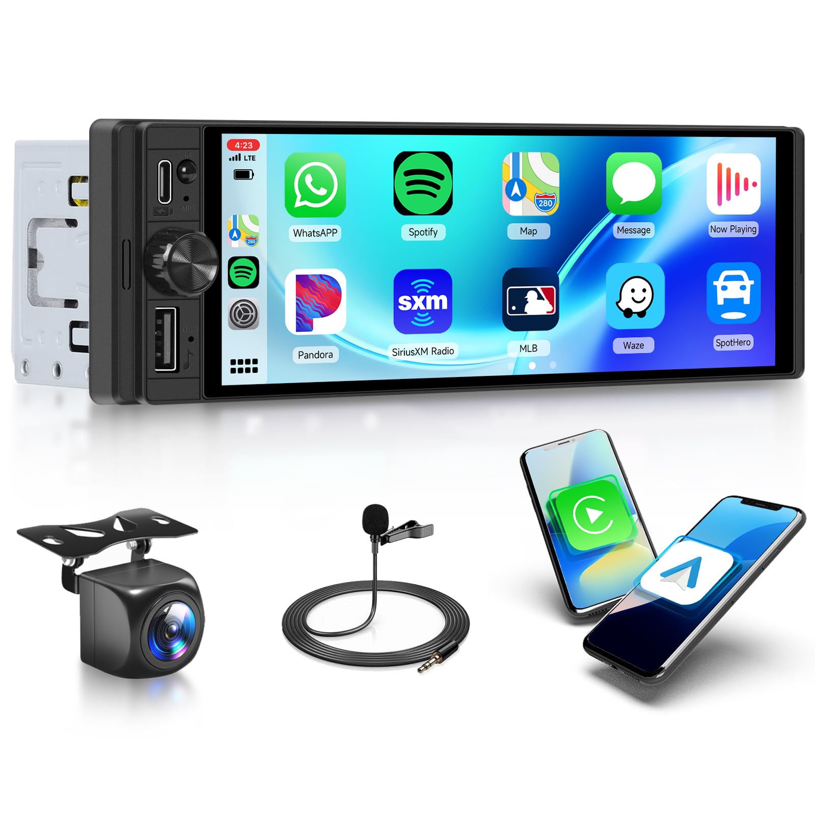 Rimoody Radio samochodowe 2 + 64 GB 1 DIN Android 15-6,28 cala INCELL ekran dotykowy, bezprzewodowy CarPlay/Android Auto, GPS, FM/RDS/EQ Mirror Link, sterowanie za kierownicą, kamera cofania