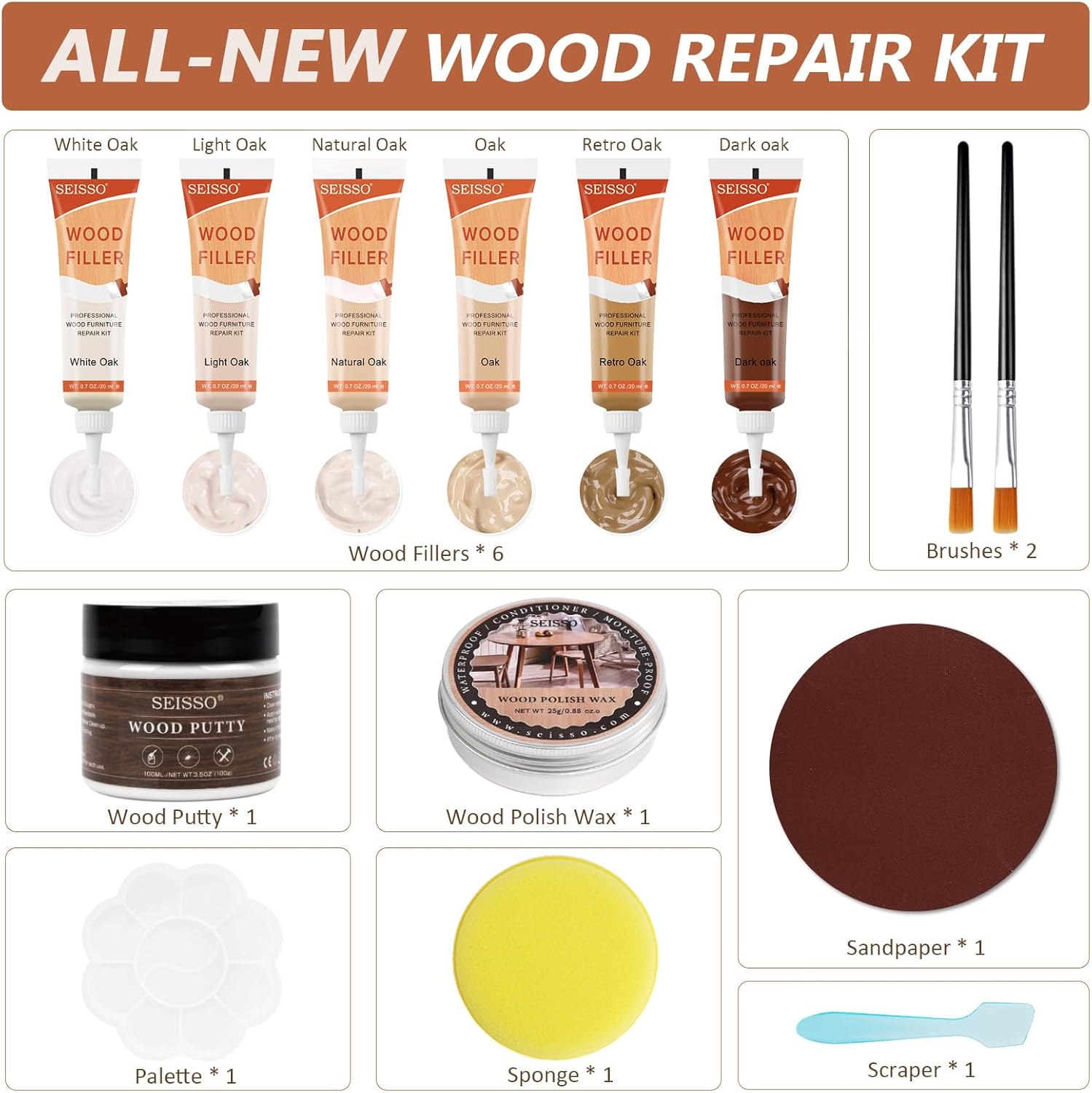 Natural Oak Wood Furniture Repair Kit, 6 Colors Wood Filler with Wood Putty, Wood Polish Wax for Holes, Scratches, Cracks, Stains, Restore Tables, Doors, Floors, Cabinet, Oak, Walnut - Set of 14