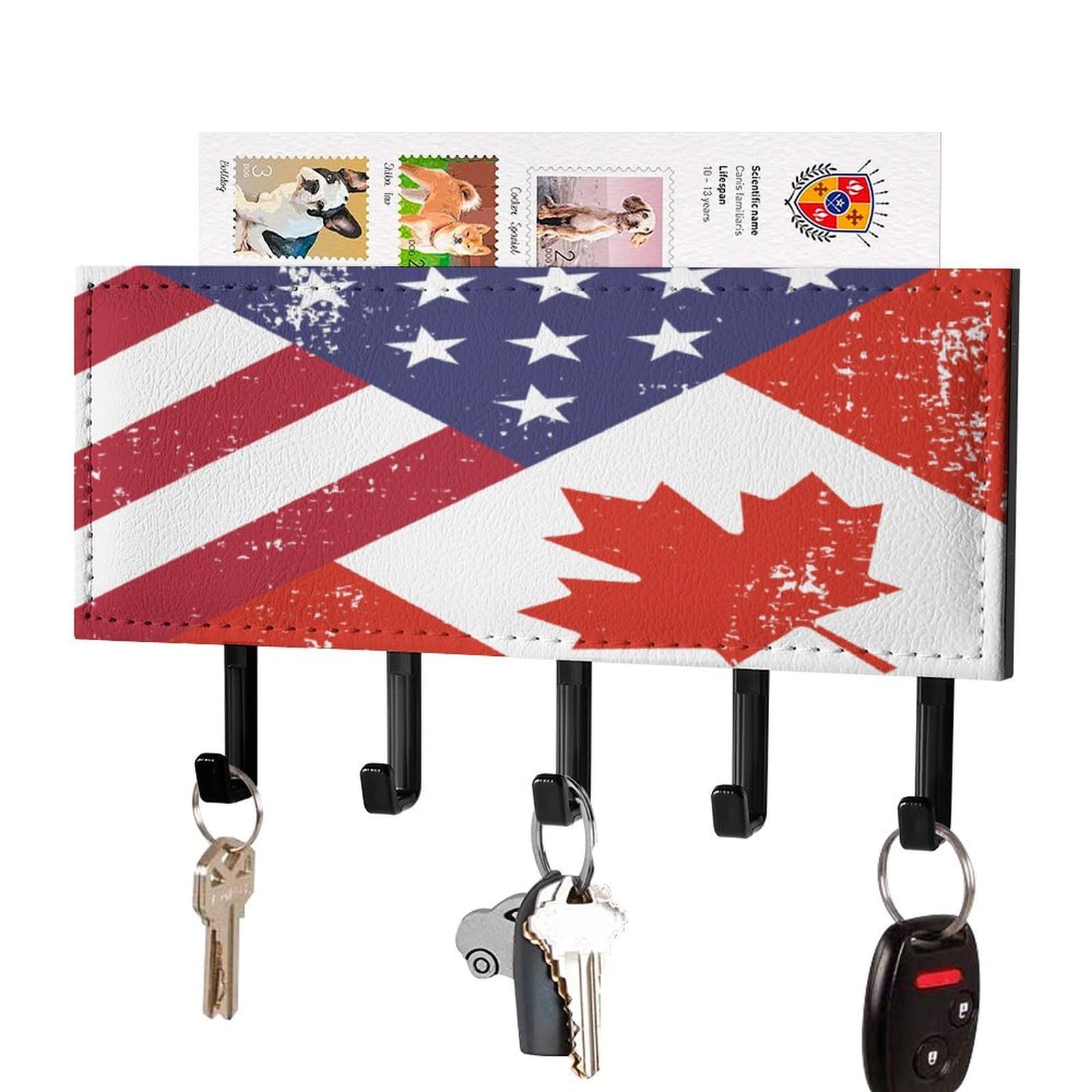 NCLQVJXZKHW Retro America Canada Flag Key Holder with 5 Hooks Key Hooks Wall Mounted Key Racks Key Hanger Organiser Shelf