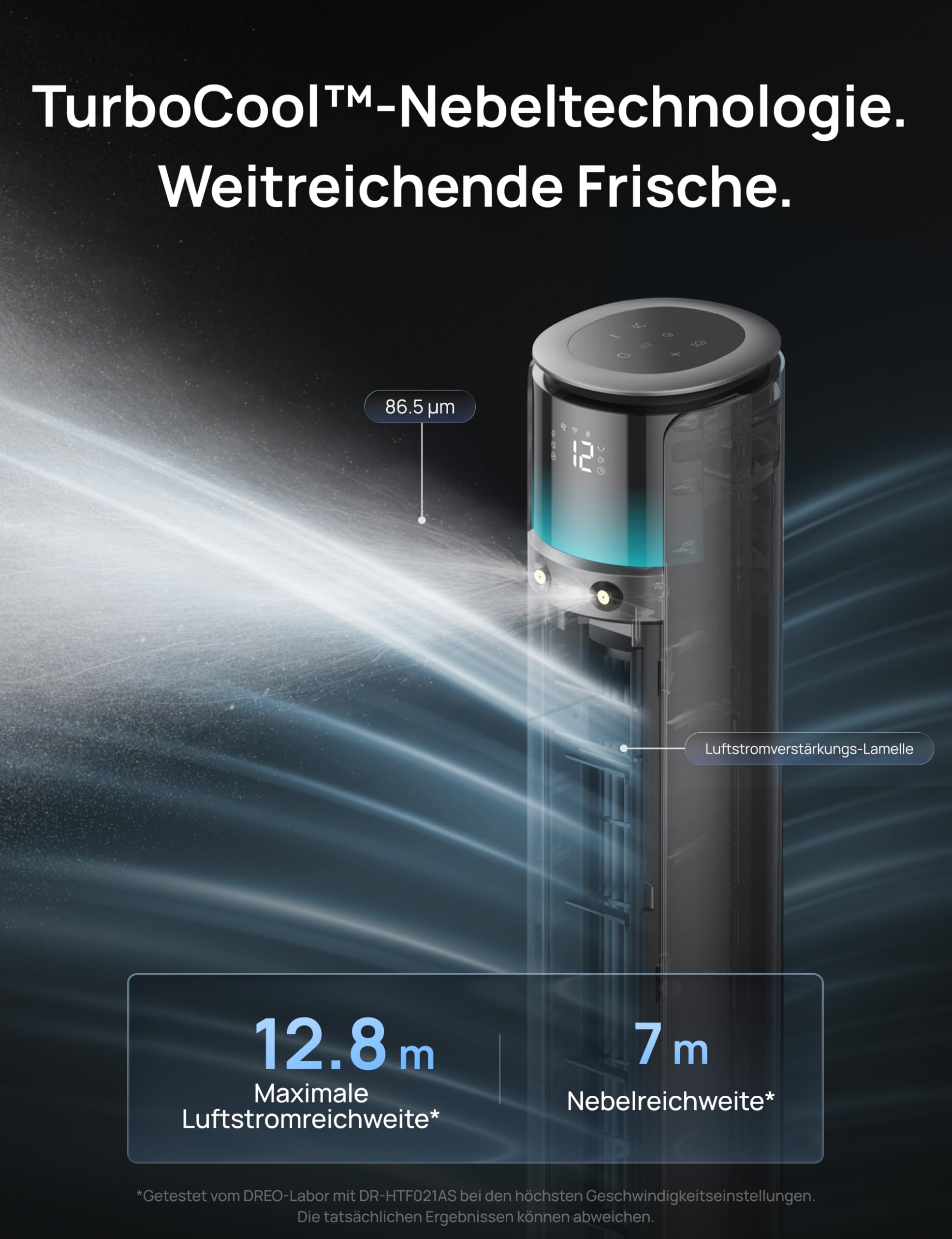 DREO TurboCool Outdoor Nebelventilator 711AS, 10 m/s Leistung, 12 Stufen, 4 Modi, intelligenter Standventilator, 150° Oszillation, 20 dB leise, DC-Motor, wetterfest, für Innen- & Außenbereich