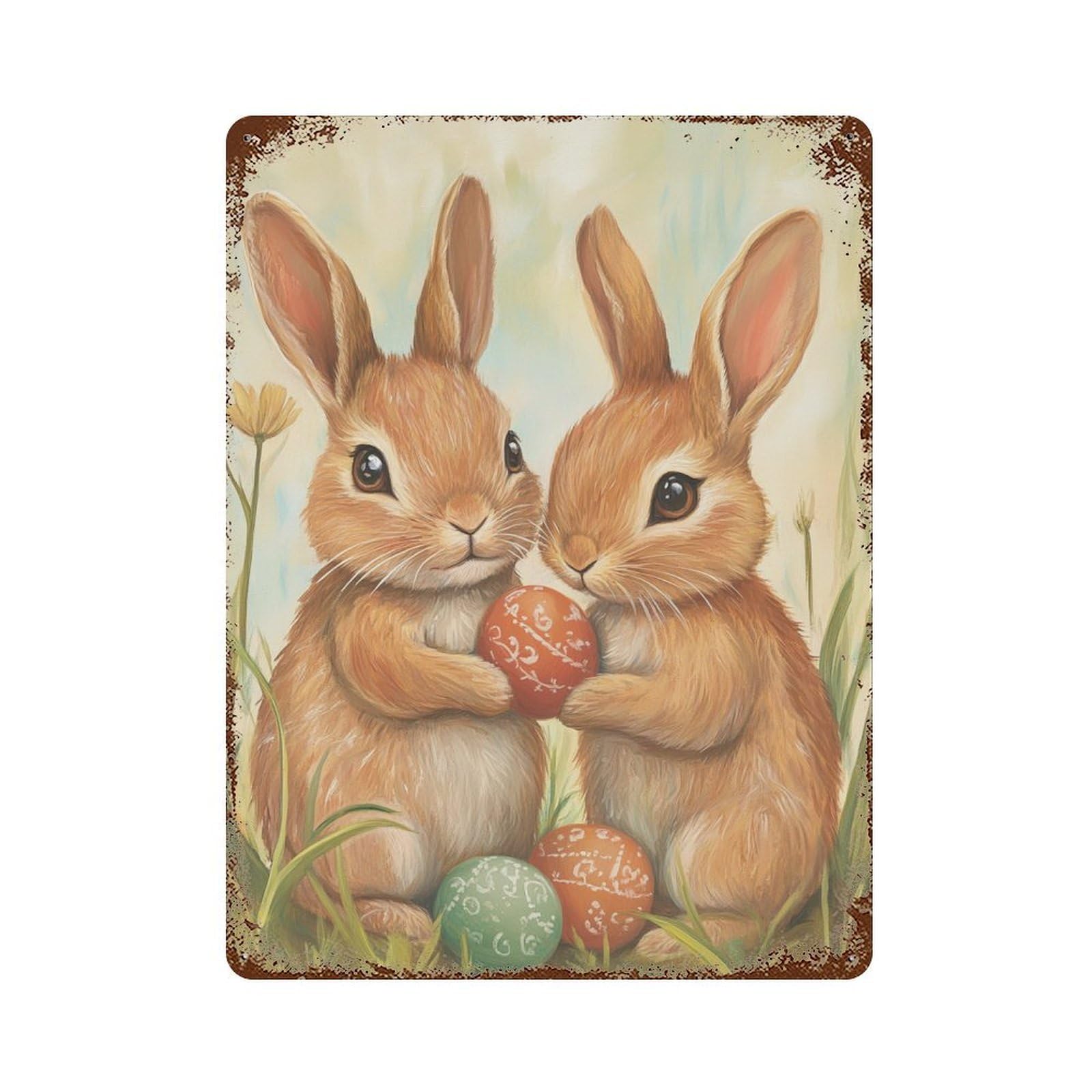 Rusty Metal Tin Sign with Easter Bunny Decorations-1 Design 15.7"x11.8", for Farmhouse, Kitchen And Entryway Decor, Classic Wall Plaque