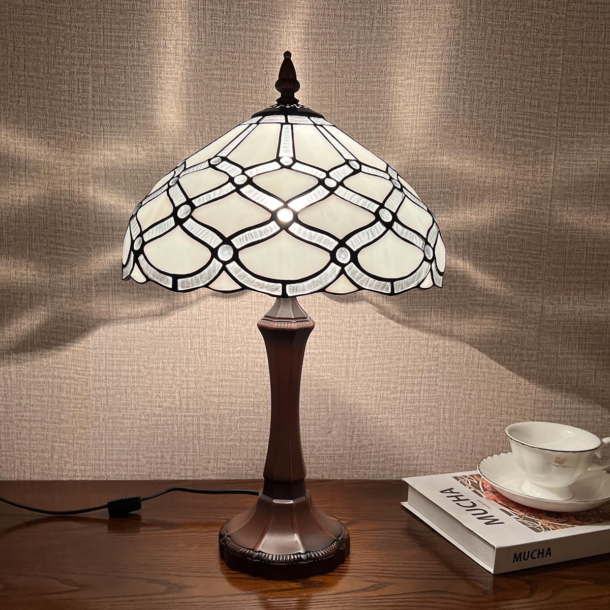 Tiffany Table Lamp,White Stained Glass Table Light,Antique Style Medium Size Desk Lamp Vintage Beside Reading Lamp for Living Room Bedroom Office