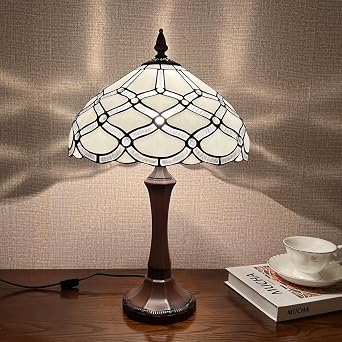 Tiffany Table Lamp,White Stained Glass Table Light,Antique Style Medium Size Desk Lamp Vintage Beside Reading Lamp for Living Room Bedroom Office