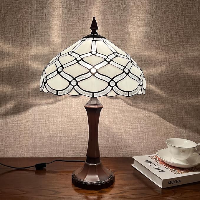 COTOSS Tiffany Table Lamp,White Stained Glass Table Light,Antique Style Medium Size Desk Lamp Vintage Beside Reading Lamp for Living Room Bedroom Office