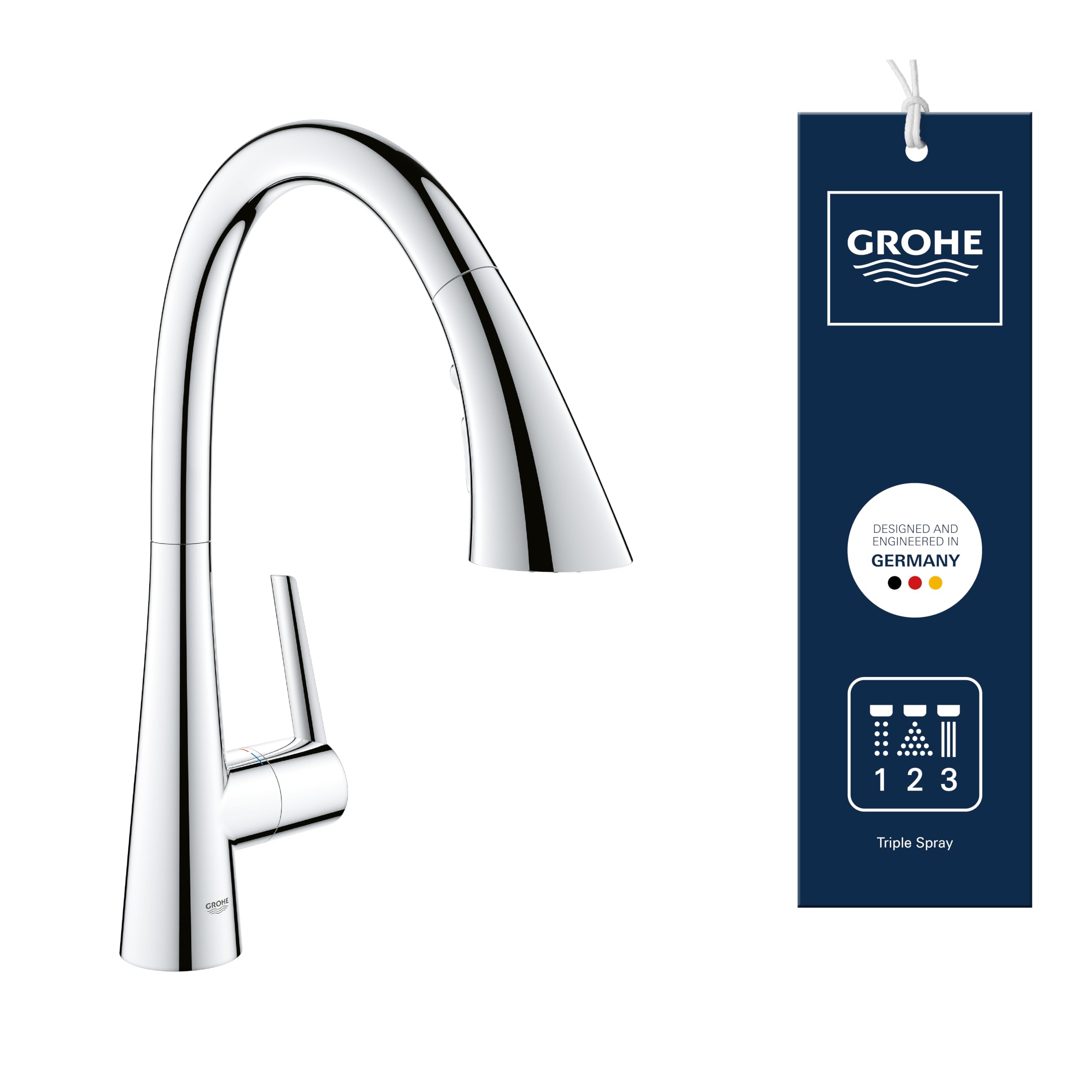 GROHE Zedra, Grifo de cocina 3 chorros (ducha extraíble, giratorio 360°, ahorro de agua con limitador de caudal variable, fácil montaje en fregadero), cromo, 32294002