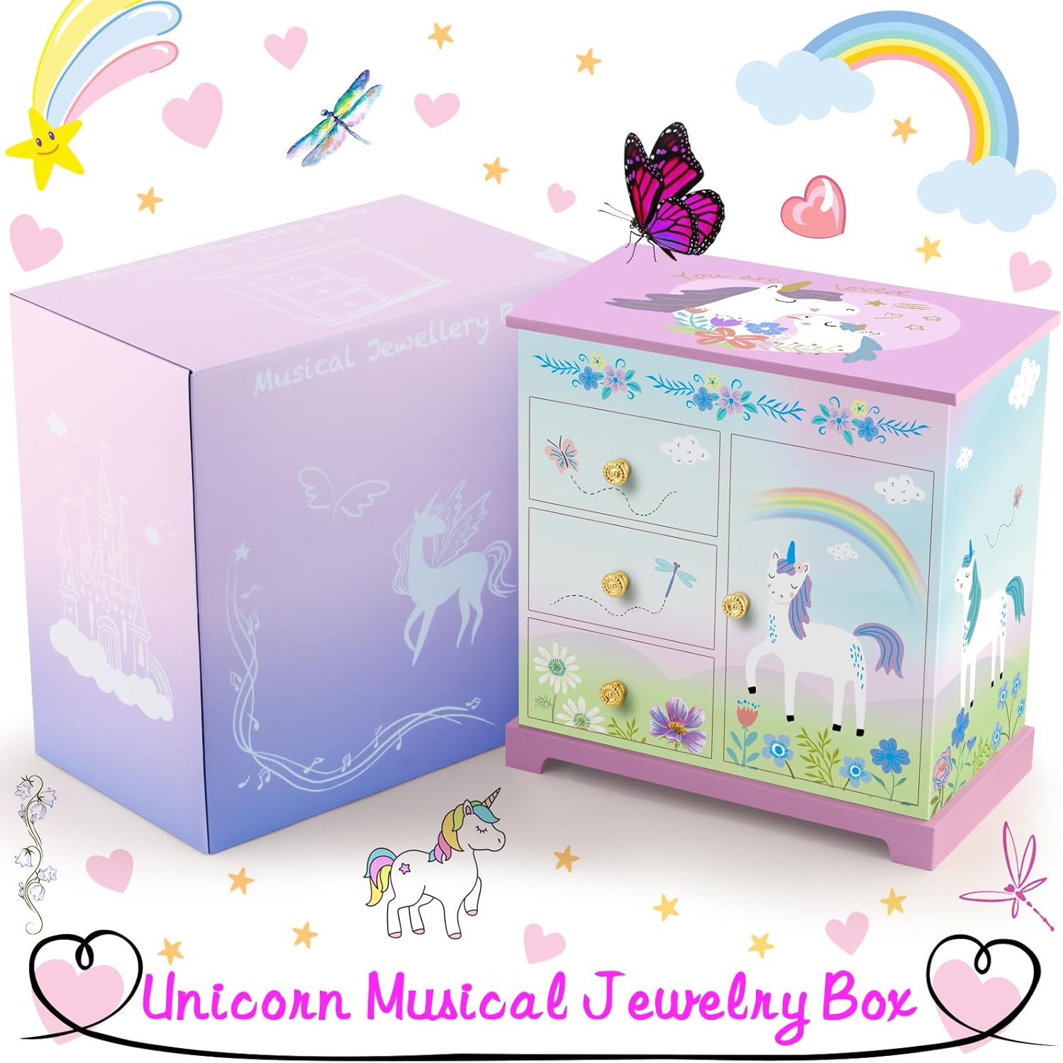 RR ROUND RICH DESIGN Big Music Jewelry Box for Girls with 3 Drawers and Lagrge Storage Paired Foil Gold Unicorn Theme Spinning Playback the Tune for Beautiful Dream Song Pink-Green