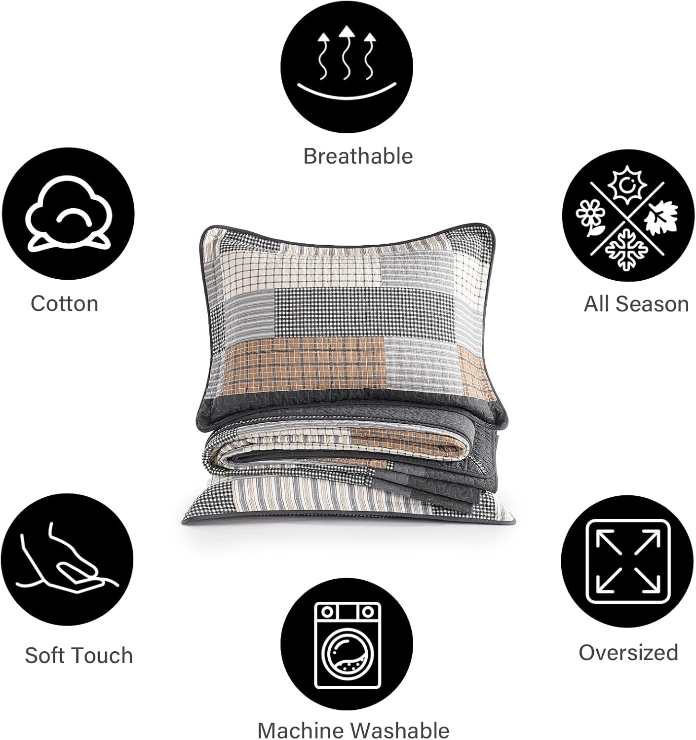 PANGUSHAN 128"×120" 100% Cotton Oversized Bedspread, California King Bedspread Reversible Floral Farmhouse XL Oversized Quilt Coverlet Bedding Set Lightweight Comforter, Gray/Beige