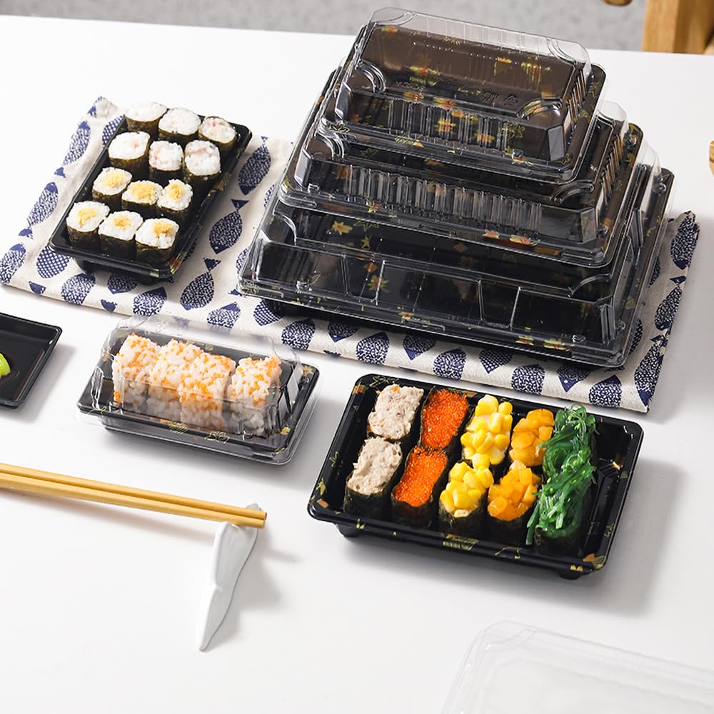 POPMISOLER 400-Pack PET Convenient Disposable Sushi Boxes with Clear Lids Sturdy BPA-Free Plastic, Stackable, Leakproof, Perfect for Restaurants & Parties,Sushi Packaging Boxes (YG-06-M), Black