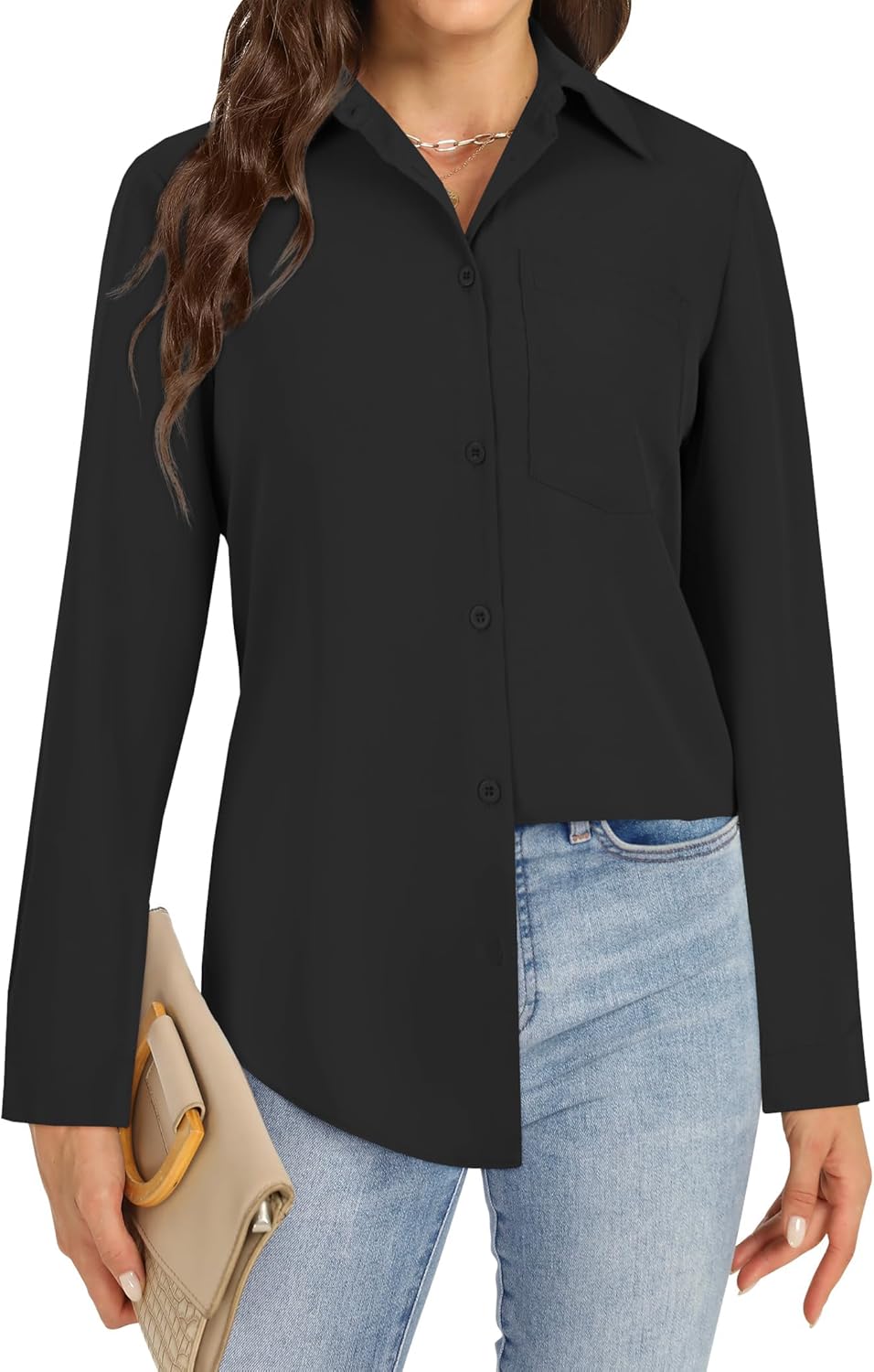 Rooscier Women's Button Down Collared Long Sleeve Office Work Blouse Shirt Top with Pocket