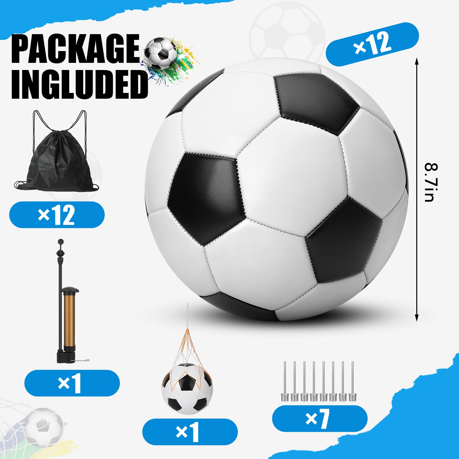 VZZNN Paquete de 12 balones de fútbol clásicos con bomba de fútbol y bolsa de malla. Mochila de fútbol clásica. Se puede utilizar como caja de zapatos de regalo y donación de caridad. Adecuado para