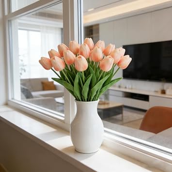 12pcs Artificial Tulip Flowers 13.6 Real Touch Fake PU Tulips Bouquet Flowers for Kitchen Home Indoor Outdoor Wedding Mother's Gift Day Decorations (12pcs-Champagne)