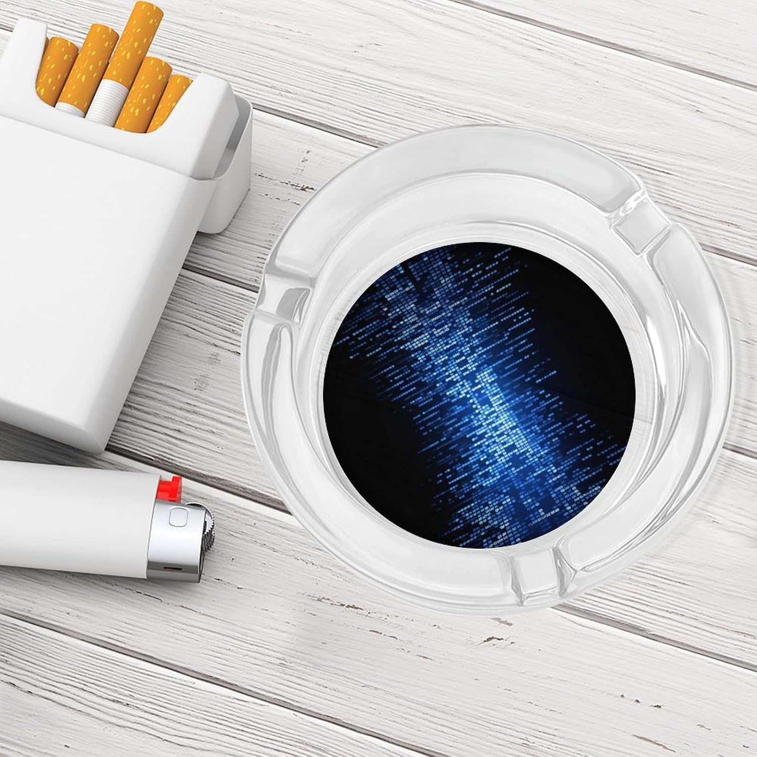 Glass Ashtrays,The Blue Binary Printed Round Ashtrays Portable Decorative Modern Ashtrays Non-slip Ashtrays for Home Office Indoor Outdoor
