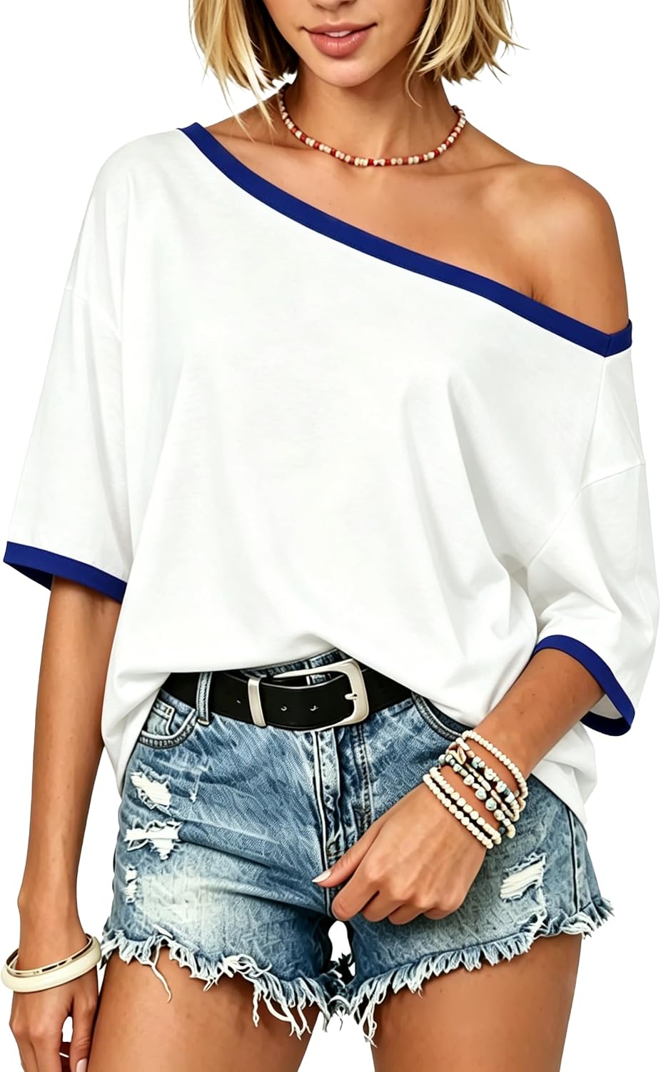 Dressmine Womens Off The Shoulder Oversized T Shirt Summer Asymmetric Tops image 5