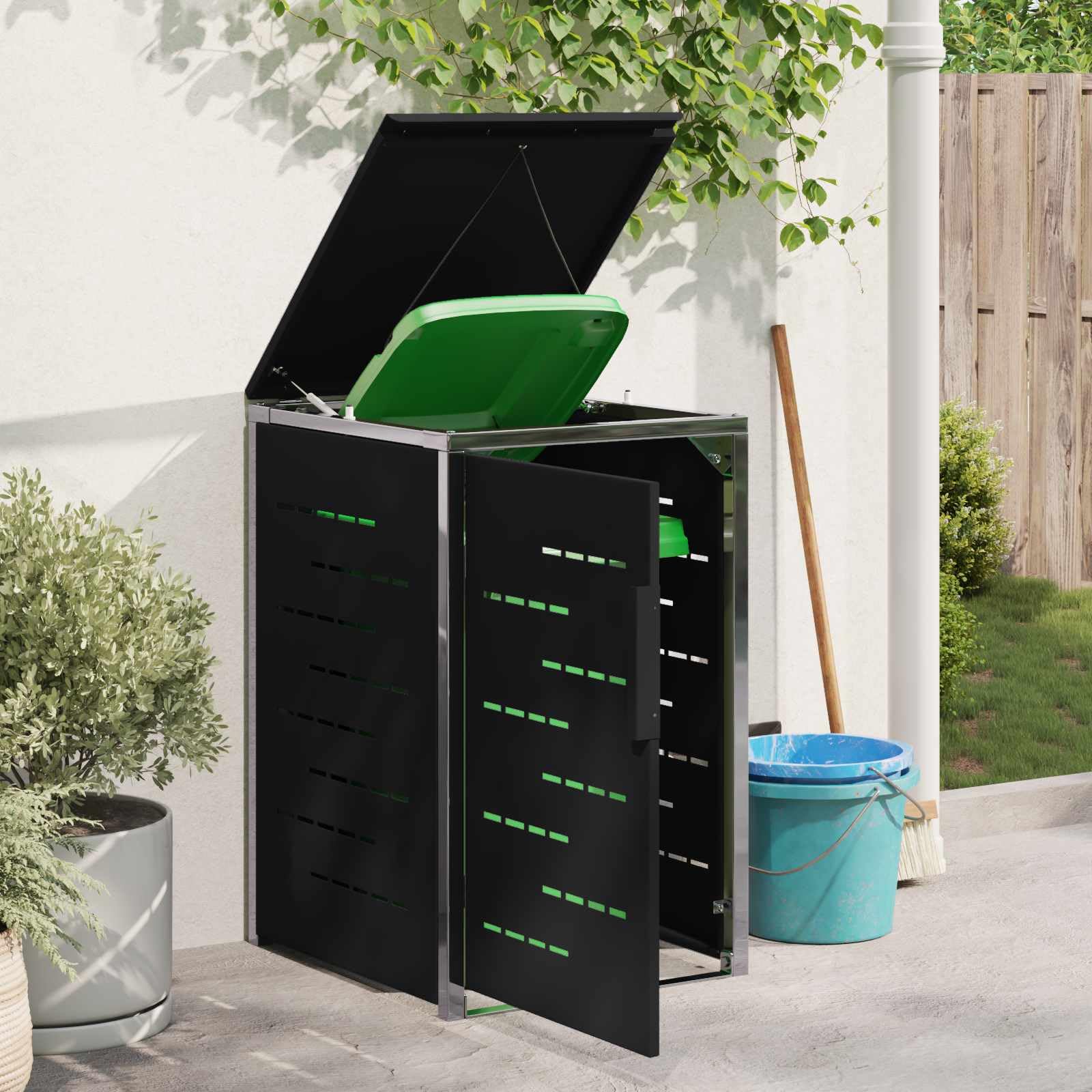 Mülltonnenbox 240L Schwarz Erweiterbar | Soft-Close Deckel, Magnetverschluss, Lüftungspanels, Kabelverbindung für Außenbereich
