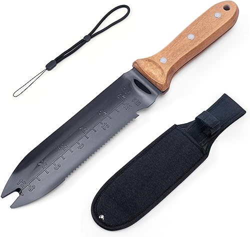 Miniatura 9 de YANG Hori Hori - Cuchillo de jardín, cuchillo de jardinería de acero inoxidable de 7 pulgadas con funda de tela Oxford, mango de madera de haya de