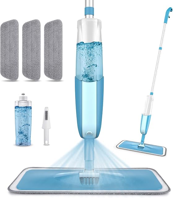 Spray Floor Mop, PAPCLEAN Microfibre Spray Mop with 3 Reusable Pads and 410ML Refillable Bottle, 360 Degree Spin Mop Suitable for Hardwood, Marble, Tile, Laminate, or Ceramic Floors - Cyan Blue