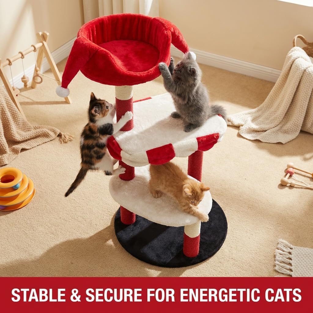 Jester-Themed Cat Tree for Indoor Cats, 44.5" Multi-Level Cat Tower with Novelty Clown Hat Perch, Stable Circus-Style Cat Climbing Stand with Soft Platforms & Scratching Posts for Napping and Play
