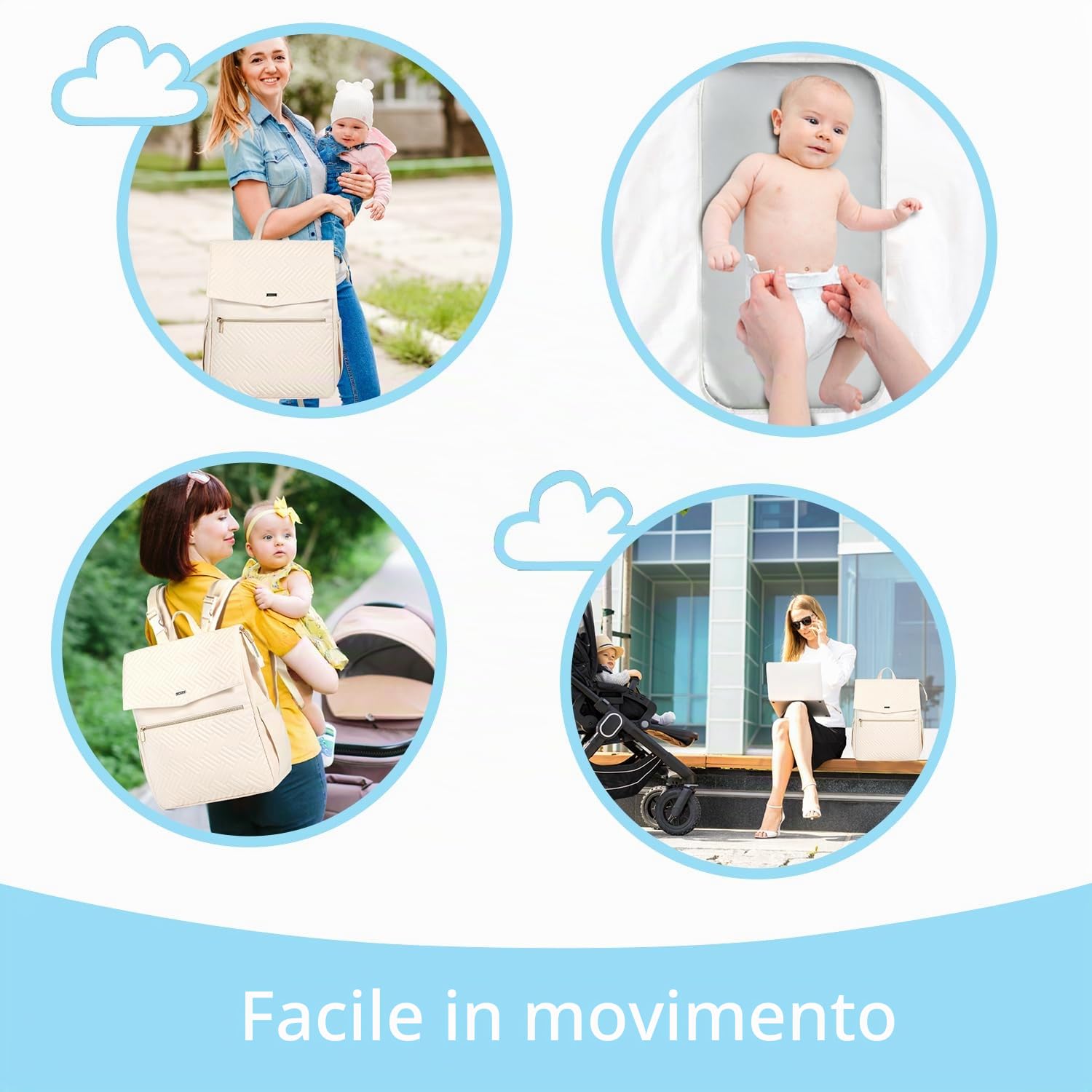 LANDICI Zaino per cambio pannolini, multifunzione, elegante, da viaggio, con tappetino per fasciatoio, cinghie per passeggino, per mamma, papà, ragazzo e ragazze