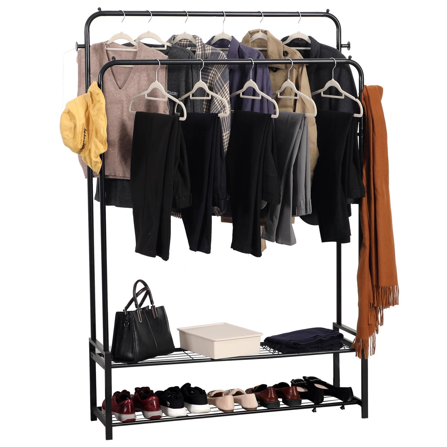 House Of Home Black Heavy Duty Double Clothes Rail With 2 Shelves, Freestanding Metal Garment Rack For Bedroom Or Hallway. 2-Tier Hanging Rail & Storage Stand, Strong & Durable Design (3.5Ft × 5.5Ft)