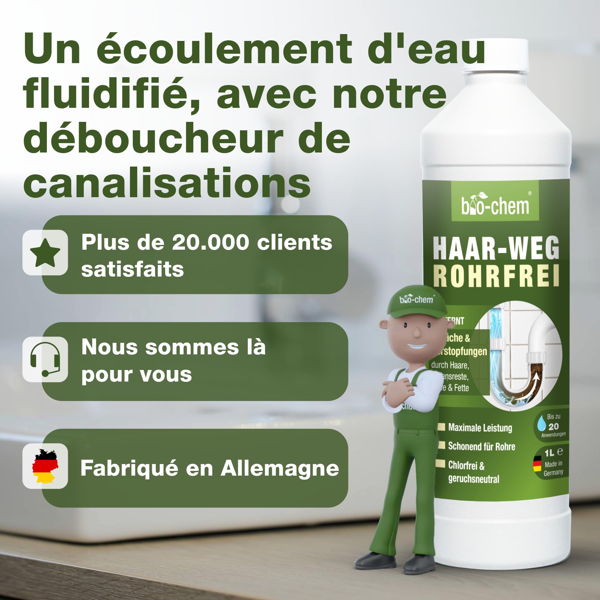 bio-chem Déboucheur de canalisations liquide professionnel 2L | Déboucheur spécial cheveux et résidus de savon, agit même en eau stagnante, concentré jusqu’à 20 utilisations