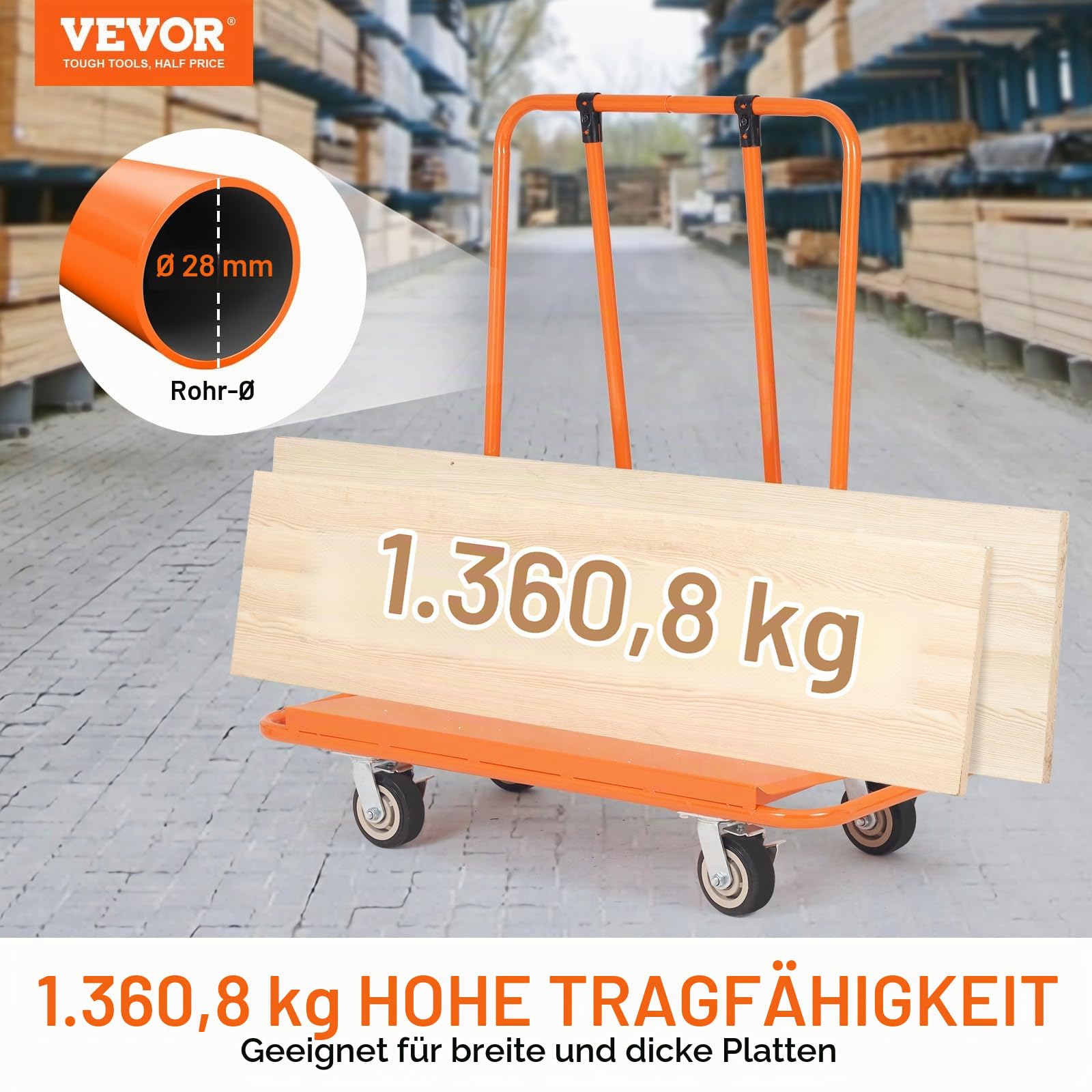 VEVOR Plattenwagen 1360 kg Tragfähigkeit Plattentransportwagen Q235-Stahl Plattentransporter mit Universalrädern Transporthilfe Plattenroller Plattformwagen Schwerlast Rollwagen 1155 x 555 x 1180 mm