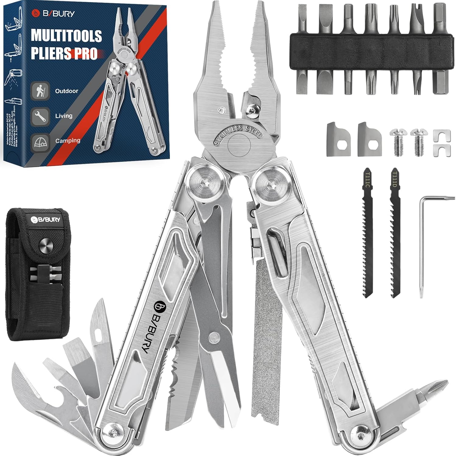 BIBURY Multitools, Multi Tool Foldable Pliers with Upgraded Scissors and Screwdriver Set, Stainless Steel Multitools with Nylon Pouch, Ideal for Camping, Outdoor, Repairing – Gift for Dad Men – Pro