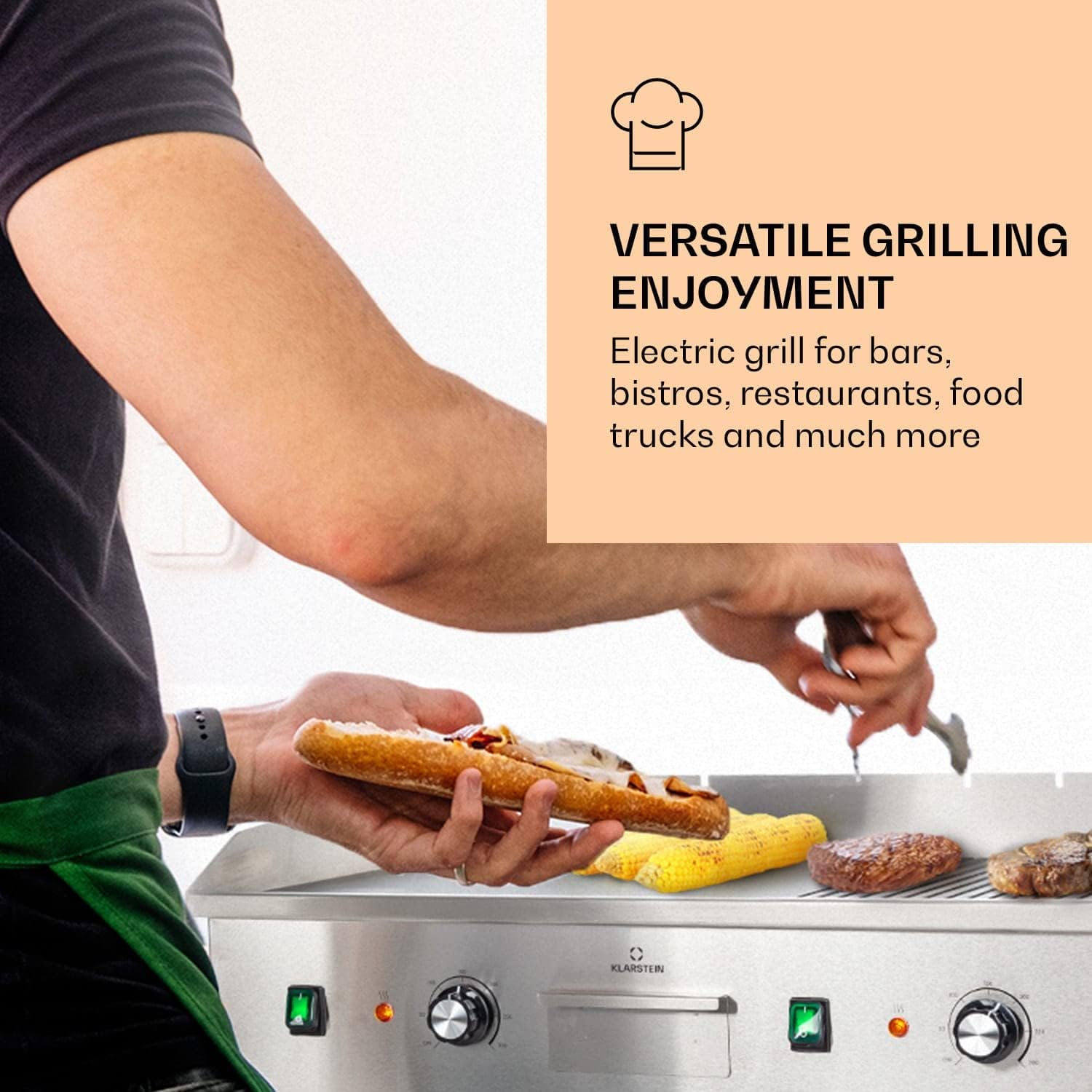 Klarstein Barbecue Elettrico, Griglia Elettrica Senza Fumo, Piastra Elettrica per Cucinare, Display LED, 2 Spatole, Bistecchiera Elettrica in Acciaio Inox, per Camping e Ristorante, 200W Argento Klarstein Barbecue Elettrico, Griglia Elettrica Senza Fumo, Piastra Elettrica per Cucinare, Display LED, 2 Spatole, Bistecchiera Elettrica in Acciaio Inox, per Camping e Ristorante, 200W Argento