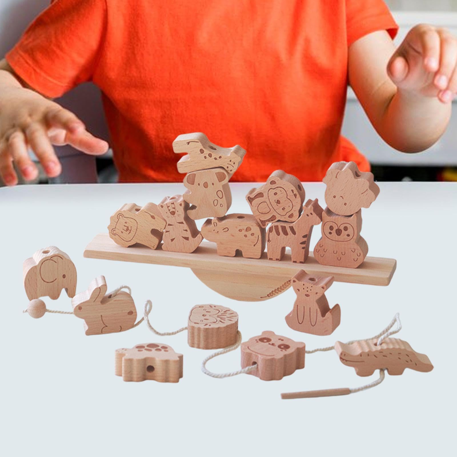 F Fityle Juguete apilable de bloques de animales de madera, juego de equilibrio, habilidades motoras, ensartar cuentas, regalo de fiesta, juguete educativo