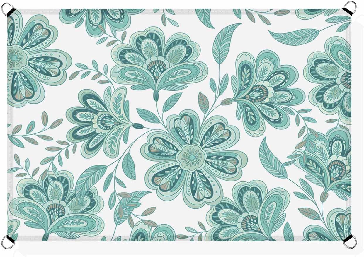 Sun Shade Sail 6.5'x10' Turquoise Paisley Floral Rectangle Sun Shade Sails Canopy Waterproof Bohemian Vintage Flower Outdoor Sunshades Sand UV Block Cover Shades for Patio Backyard Garden Lawn