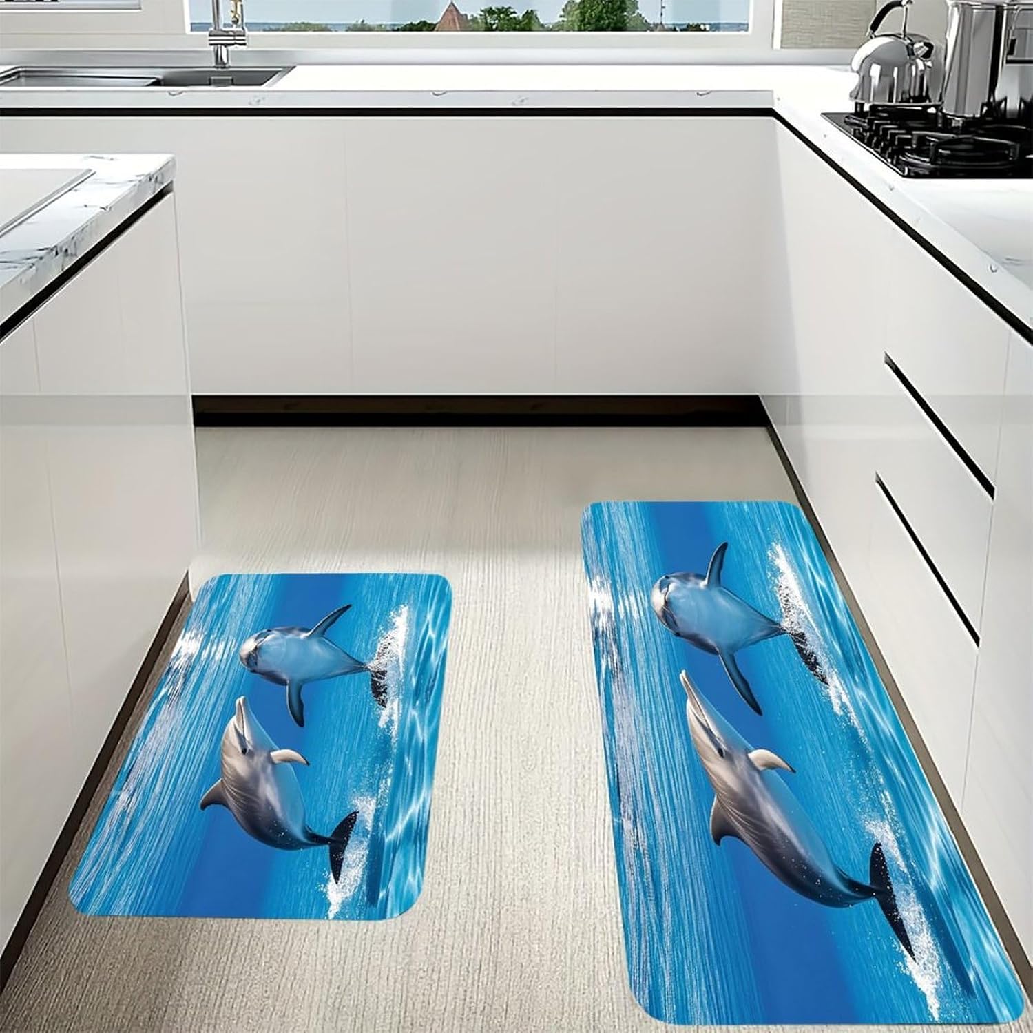 Two Dolphins Kitchen Mat Kitchen Rug Set | Kitchen Rugs Flannel Velvety Washable breathable Water Absorbent Soft ，kitchen utensils for Kitchen, Floor,Laundry