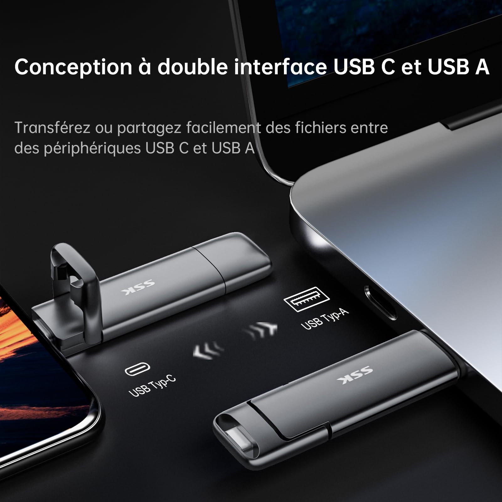 SSK SSD Externe 128 Go Disque Portable USB 3.2 Gen 2 550 Mo/s 2 en 1 OTG Clé USB A & Type C