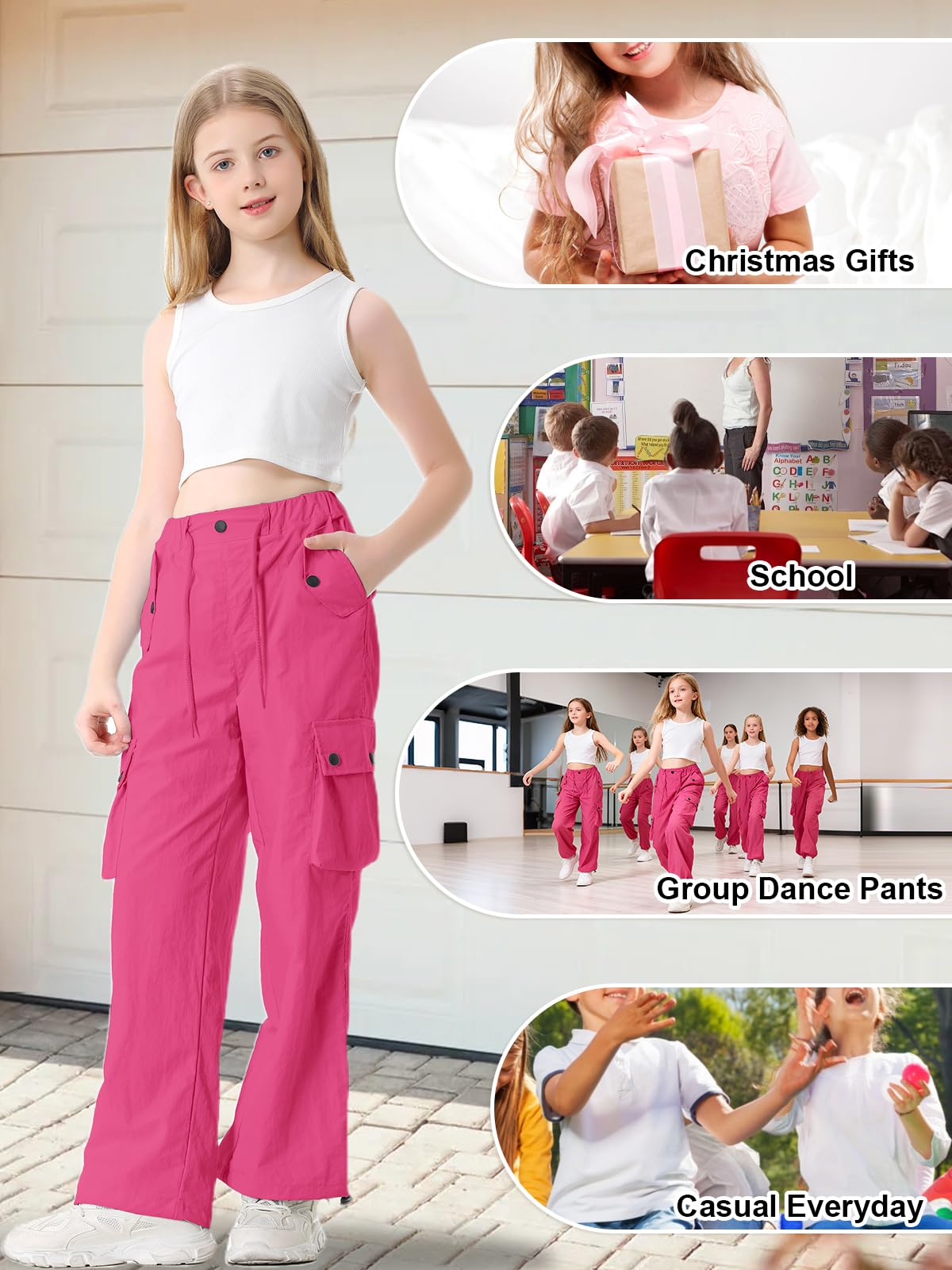 Cromoncent Cargo Pants Girls & Women Parachute Pants Y2K Baggy Rave Clothes Waterproof with Pockets, 6 Years - 3XL