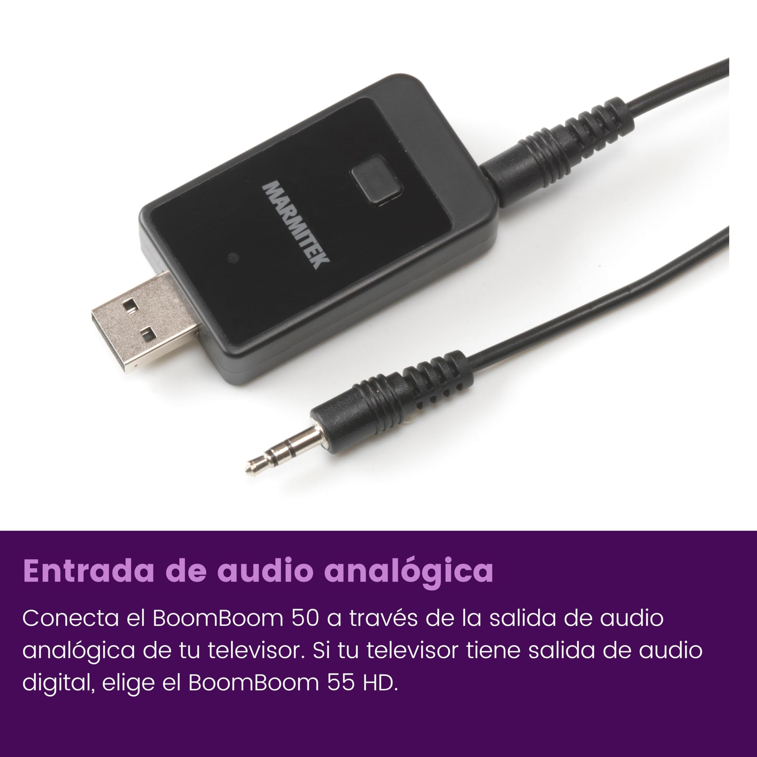 Marmitek BoomBoom 50 - Transmisor Bluetooth TV para auriculares | Emisor de audio jack 3,5 mm para sonido TV inalámbrico, USB, Plug & Play, AAC, aptX, A2DP y fácil emparejamiento