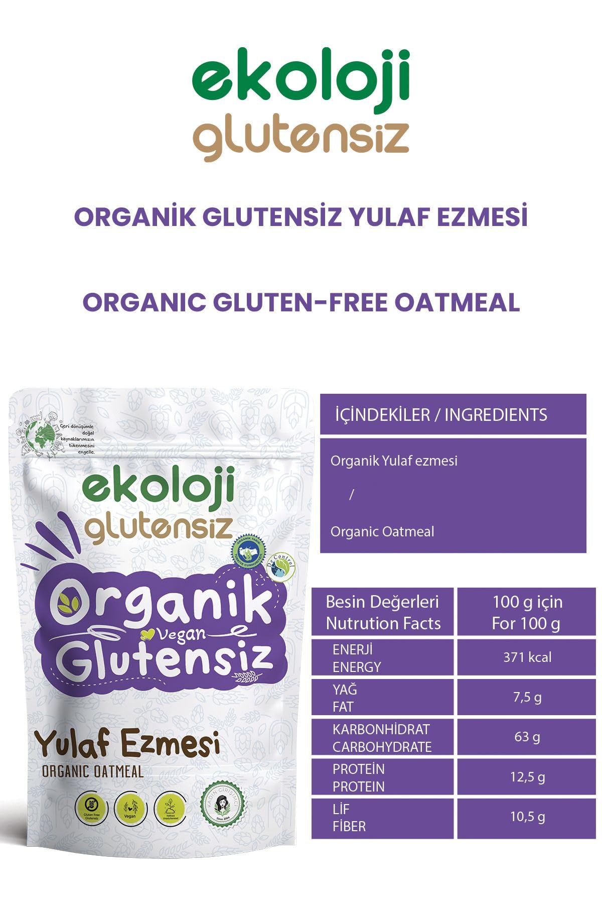 Ekoloji Market Organik Glutensiz Yulaf Ezmesi 300 gr