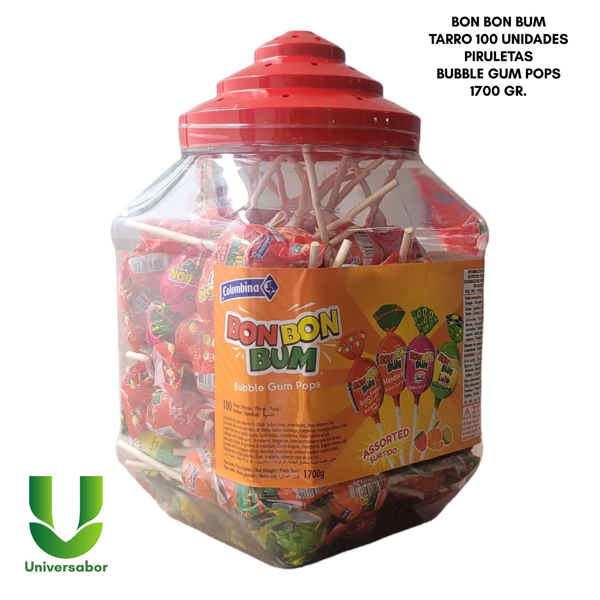 Tarro - Paquete de 100 Unidades - Colombina Bon Bon Bum - Paletas con centro de goma de mascar surtido, paletas de 4 sabores Lulo, fresa, fresa Roja y mandarina, Bote de 1700 gr. (100 unidades)