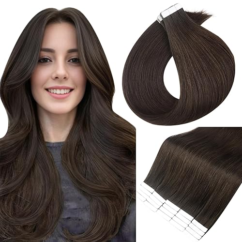 Full Shine - Extensiones de cabello castaño corto humano con cinta adhesiva, 12pulgadas, color castaño oscuro 2, 1.06oz, 20unidades