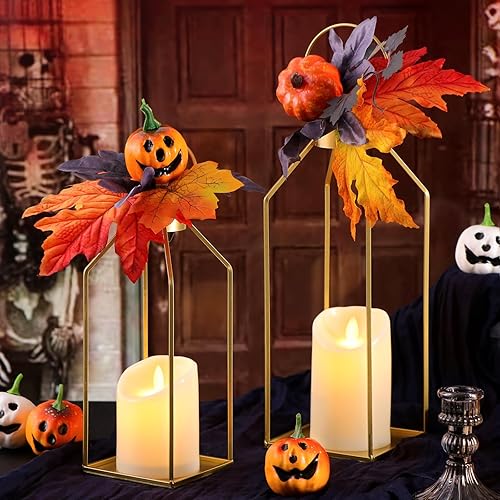 Miniatura 3 de NITIME 2 faroles decorativos de metal dorado de 1215 pulgadas (sin vidrio), faroles de metal dorado decorativos para exteriores con 2 velas LED