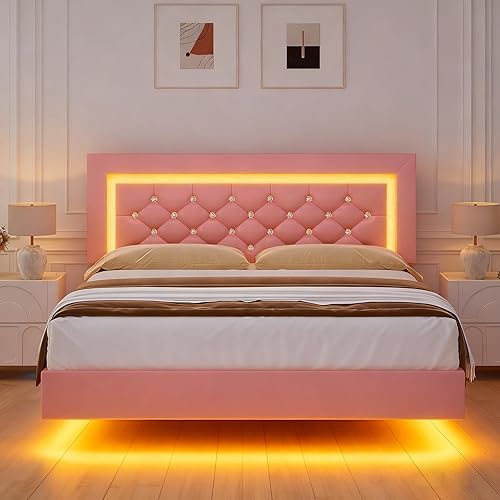 Miniatura 11 de BarnFurin Marco de cama flotante Full con luces LED, cama plataforma tapizada con cabecera capitonada de diamante, no necesita somier, sin ruido,