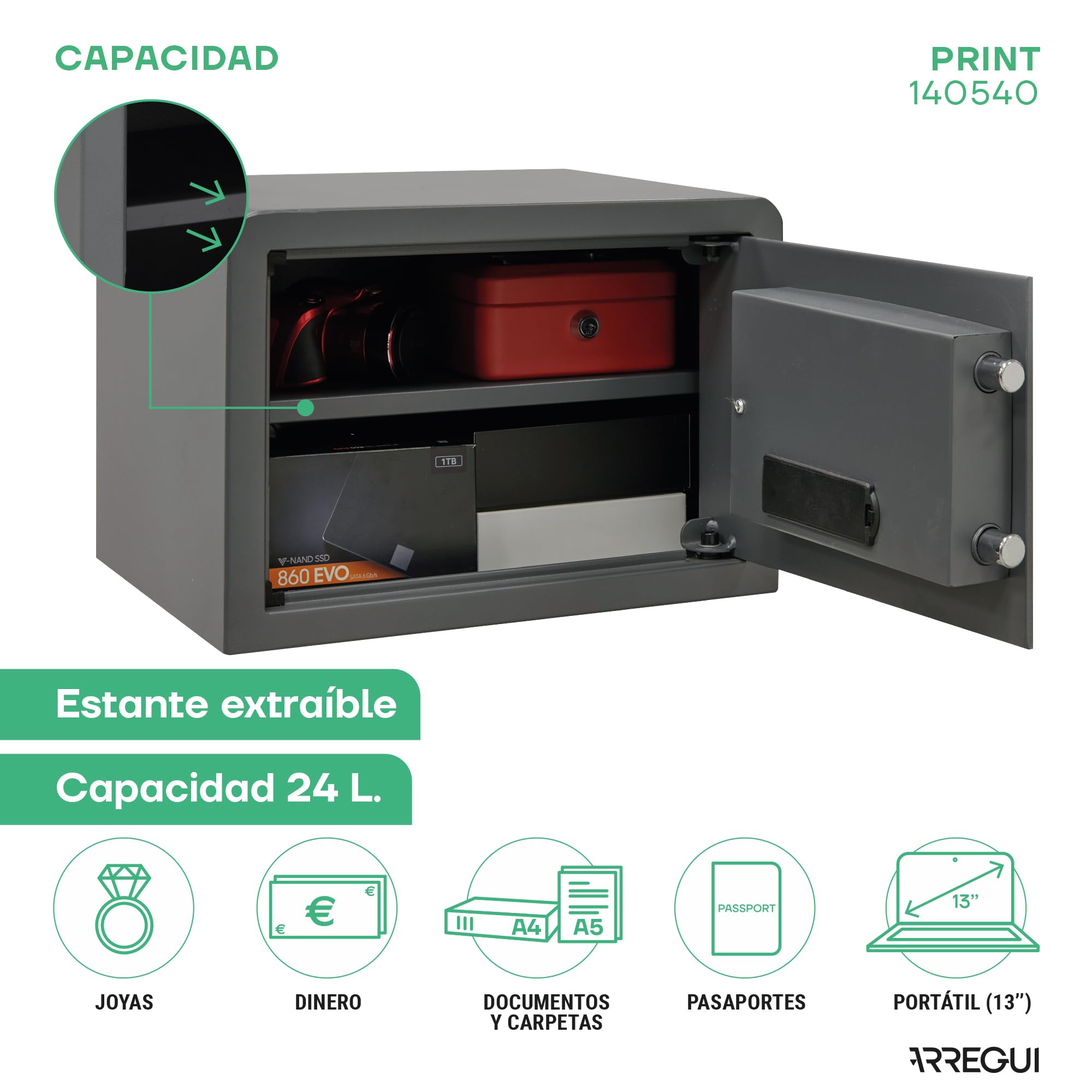 ARREGUI Print 140540 Caja fuerte de acero con apertura electronica mediante huella dactilar o con codigo|Caja de seguridad con lector biometrico para casa y hogar|Llave de Emergencia|27 x 38,5 x 30 cm