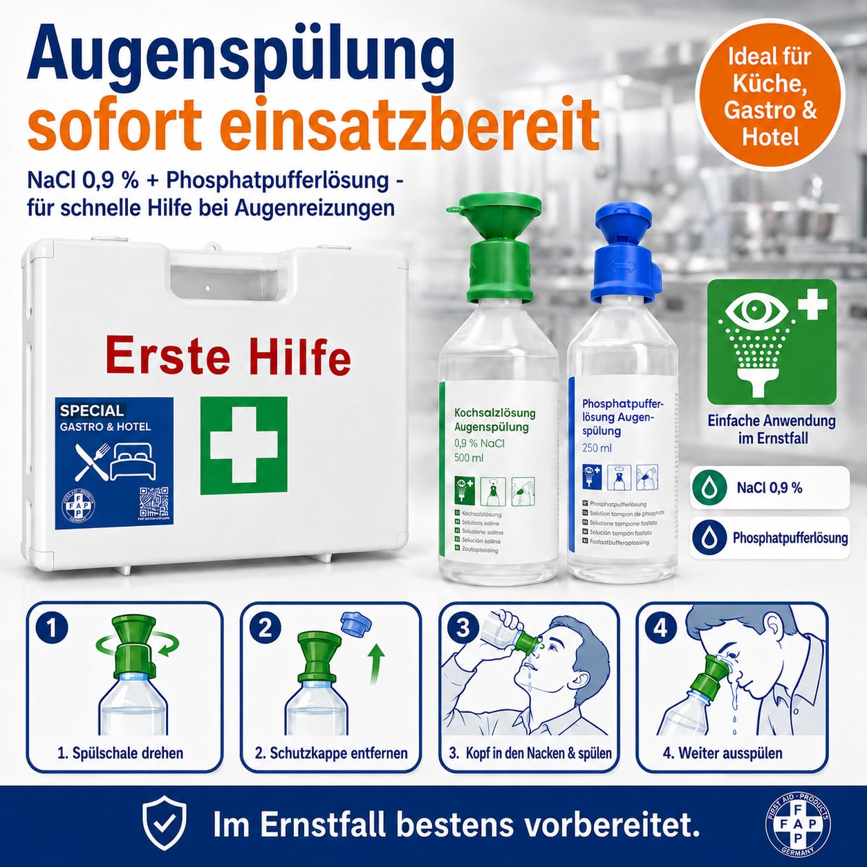 First Aid Products Erste-Hilfe-Koffer Gastronomie Hotel DIN 13157 gefüllt - Weiß | Detect-Pflaster HACCP & Burngel | Gastro Küche Restaurant, Betriebsverbandkasten Wandhalterung - 33×42×15 cm