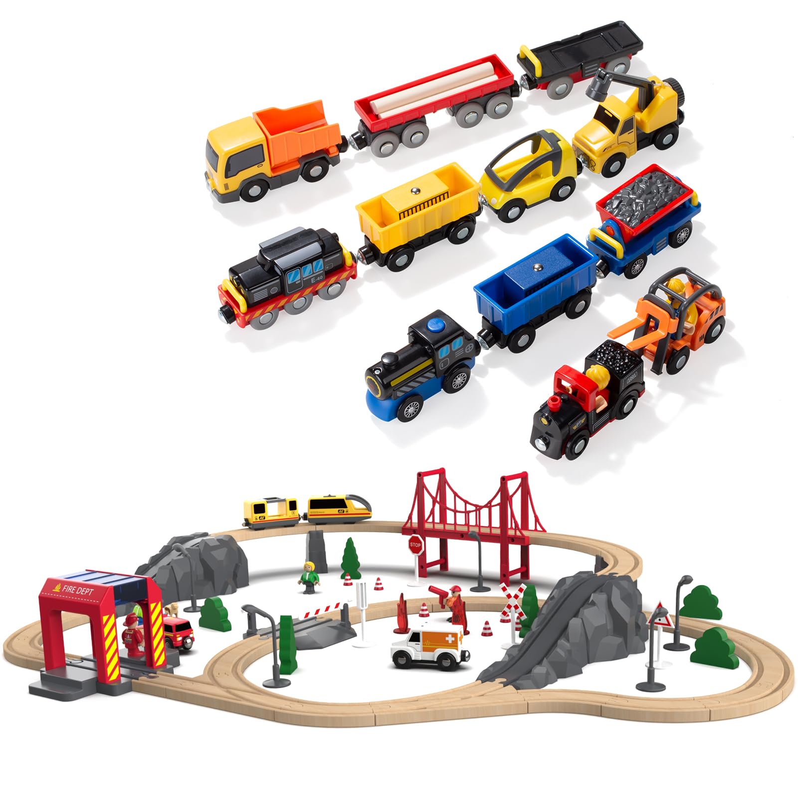 Giant bean 72PCS Fire Station Wooden Train Set with 12 PCS Vehicles Magnetic Battery Operated Train Car Set Accessories
