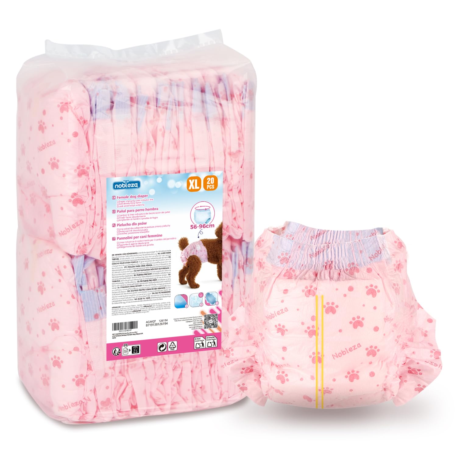 Nobleza Dog Nappies Female, Hygiene & Period Pants for Dogs, Heat Pants for Season, Incontinence Female Dog Diapers with Odour Control, Size XL for Large Dogs, 20 Counts